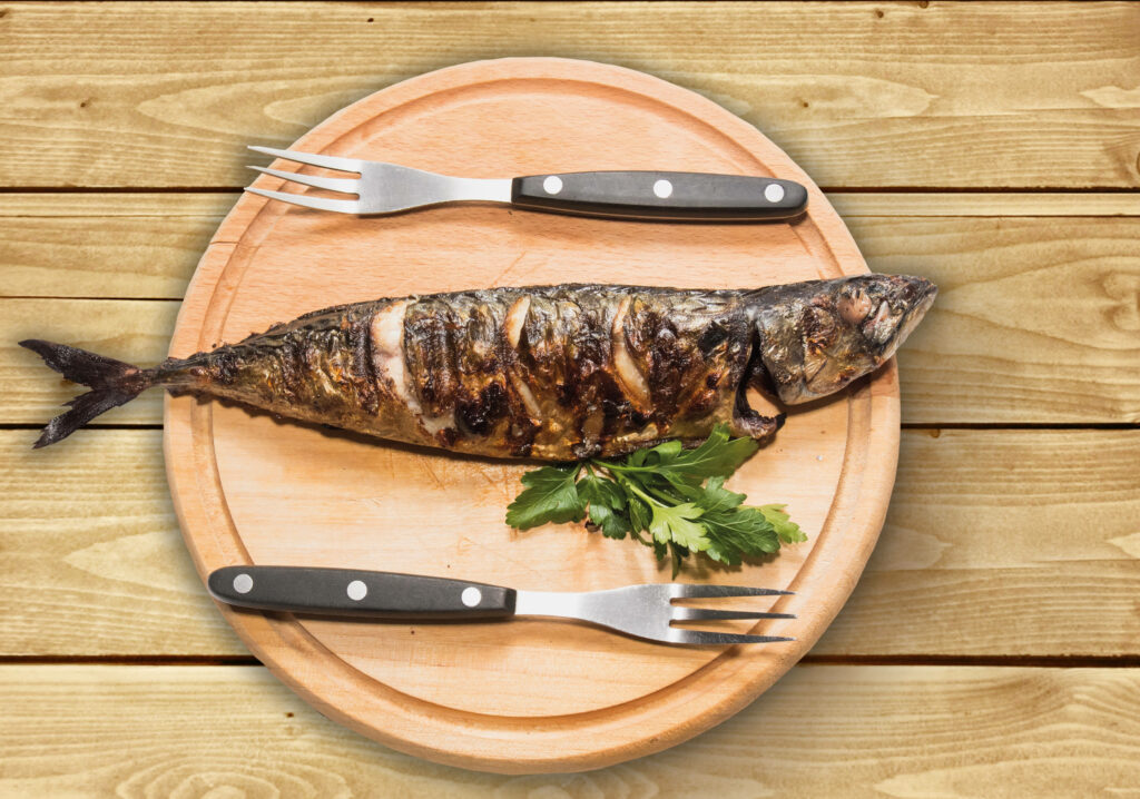 Stunning Grilled Mackerel Wallpaper with Rustic Wooden Plate