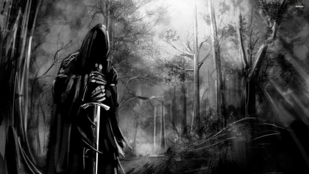 Enigmatic Encounter: Grim Reaper's Dominion in the Dark Woods Wallpaper