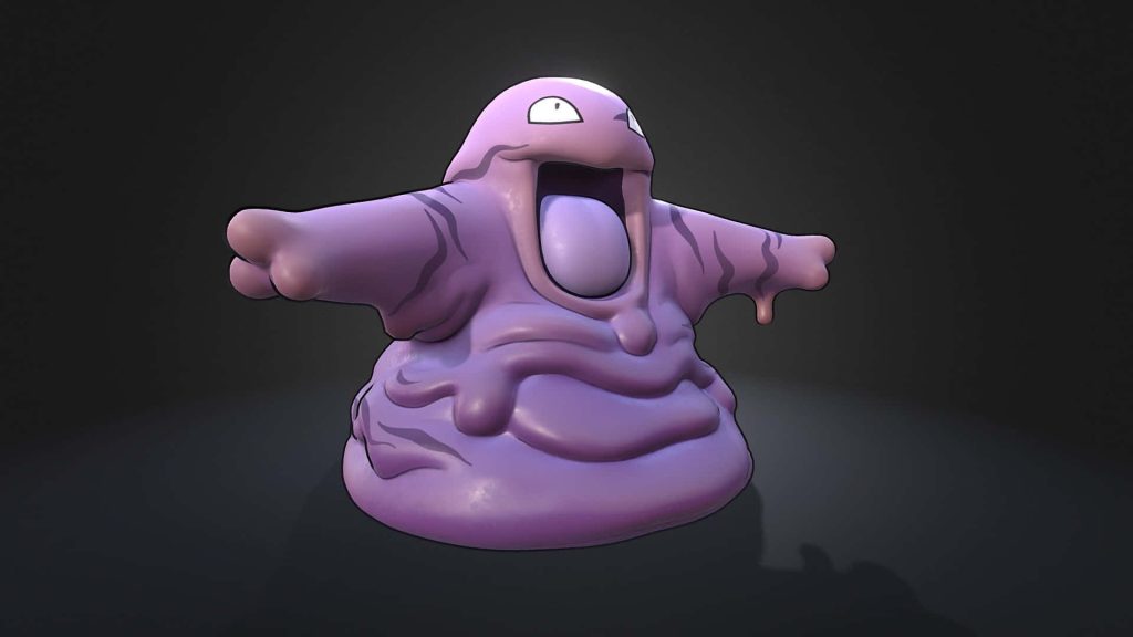 3D render of purple Grimer Pokémon on black background with smooth texture and open mouth expression Wallpaper