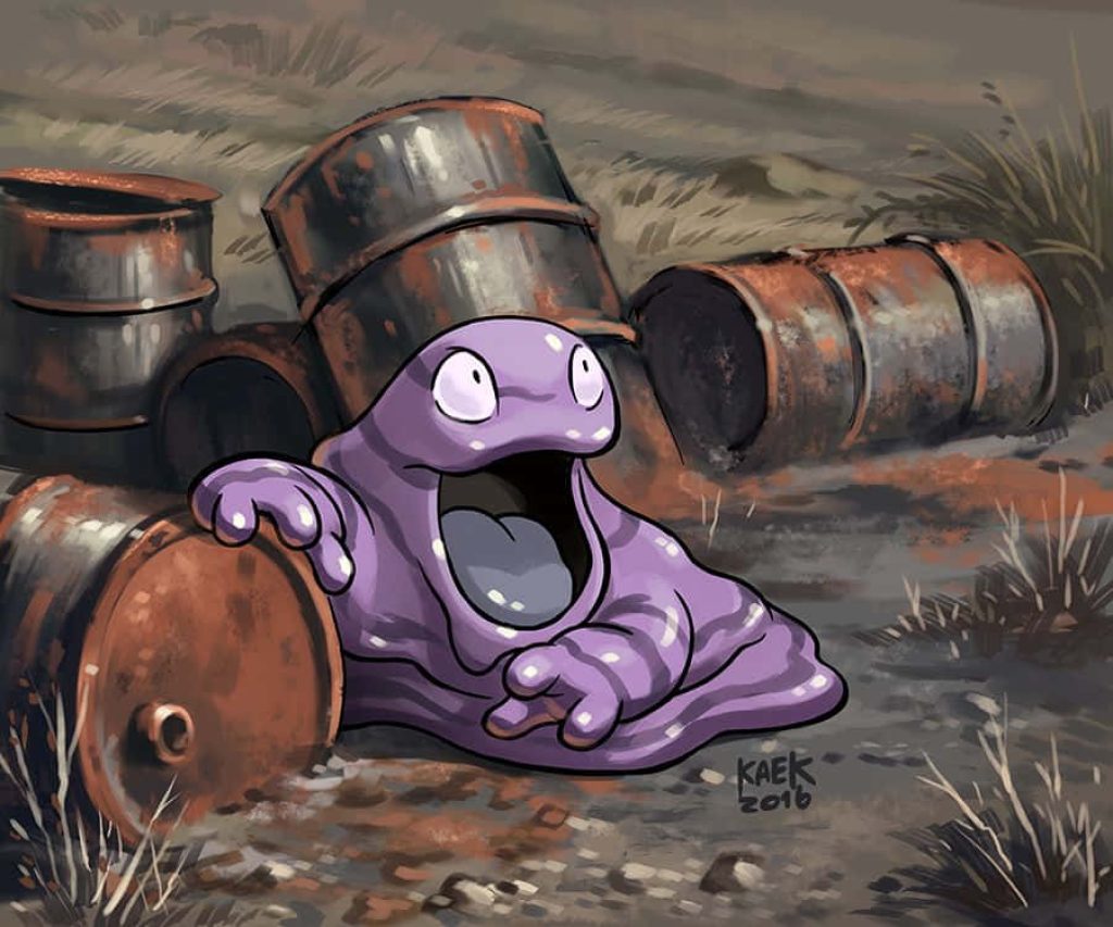 Grimer Pokémon lounging in rusted barrels gritty industrial wasteland digital art wallpaper