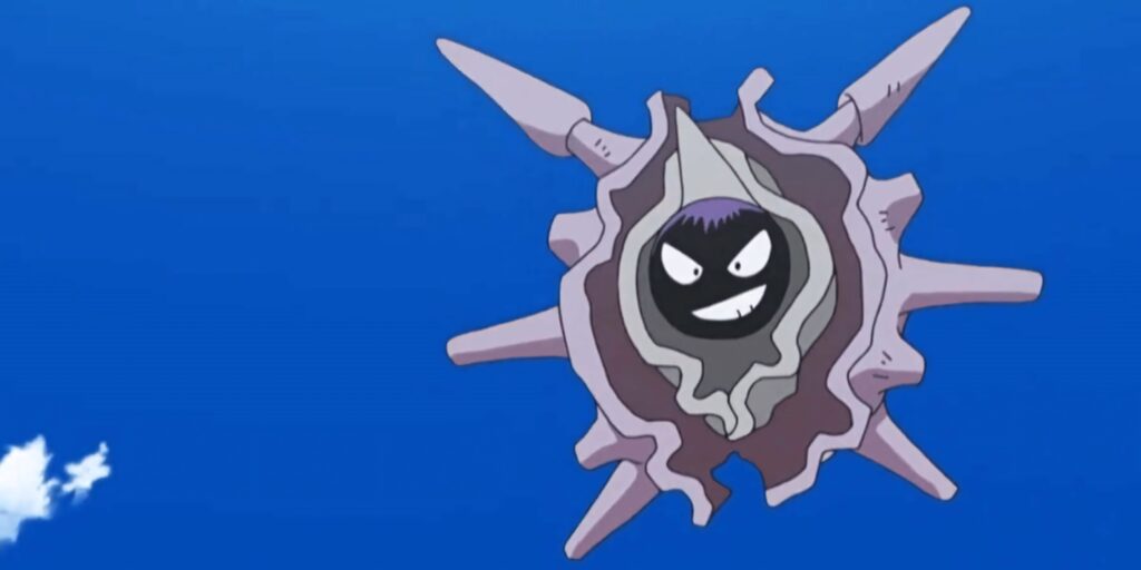 Grinning Cloyster with spiky shell against vibrant blue sky minimalist Pokémon wallpaper background