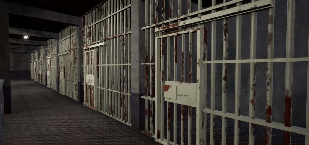 Gritty CGI prison corridor with rusted metal cell doors and bars in dark industrial style Wallpaper
