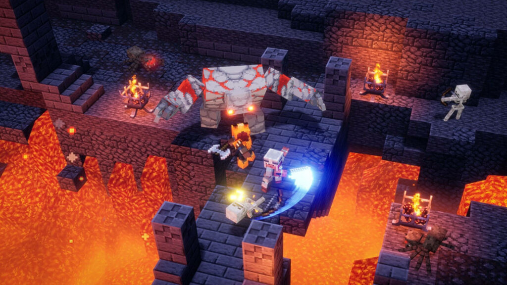Battle of the Bricks: Heroic Mobs Unleash Fury on Colossal Golem in Minecraft Dungeons Wallpaper