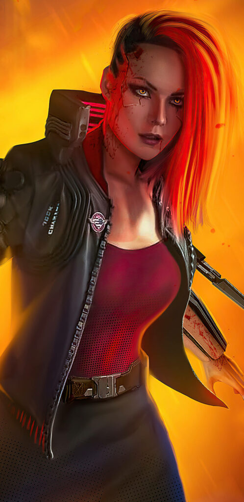 Cyberpunk Femme Fatale: Android Gangster Sporting a Sultry Red Blouse Beneath a Jacket Wallpaper