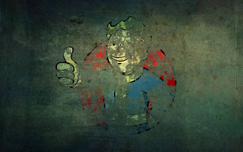 Fallout Vault Boy thumbs-up with weathered texture on dark teal grunge post-apocalyptic wallpaper
