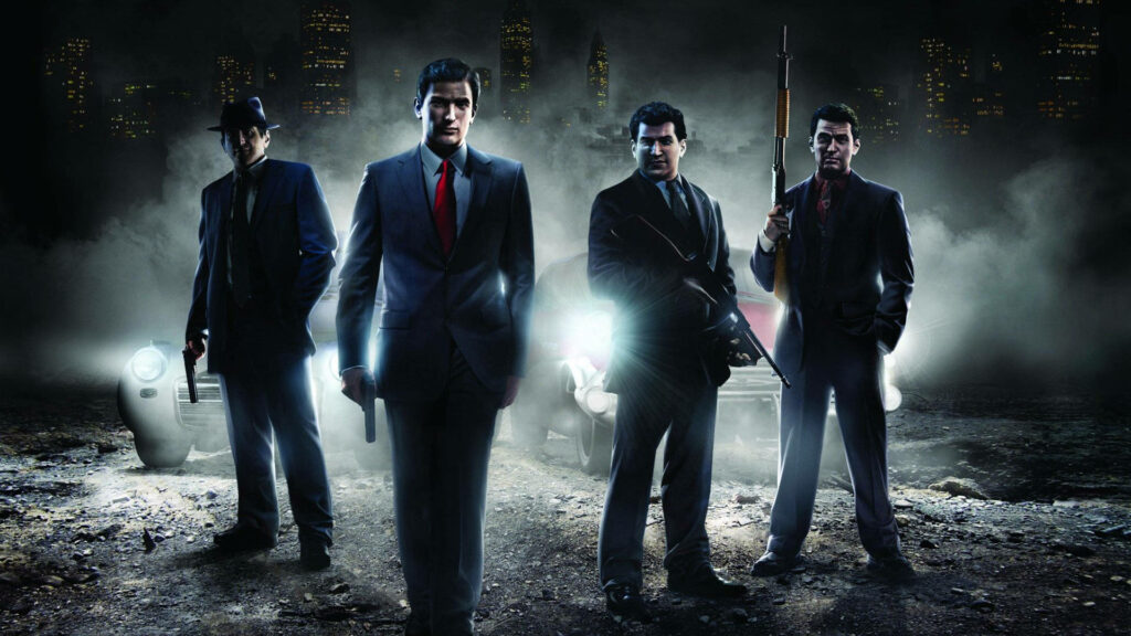 Menacing Mafia Mobsters Strike Intimidating Pose on Urban Battlefield Wallpaper