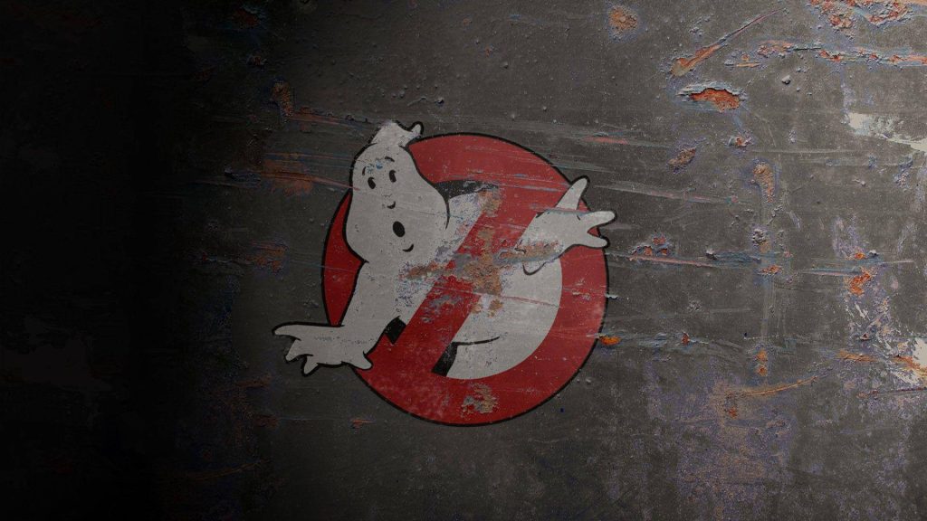 Gritty Ghostbusters wallpaper with No-Ghost logo on rusted metal and dramatic lighting shadow