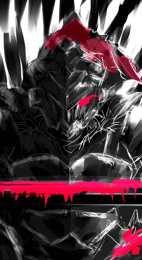 Goblin Slayer anime wallpaper dark sketchy armor black white red eye intense background