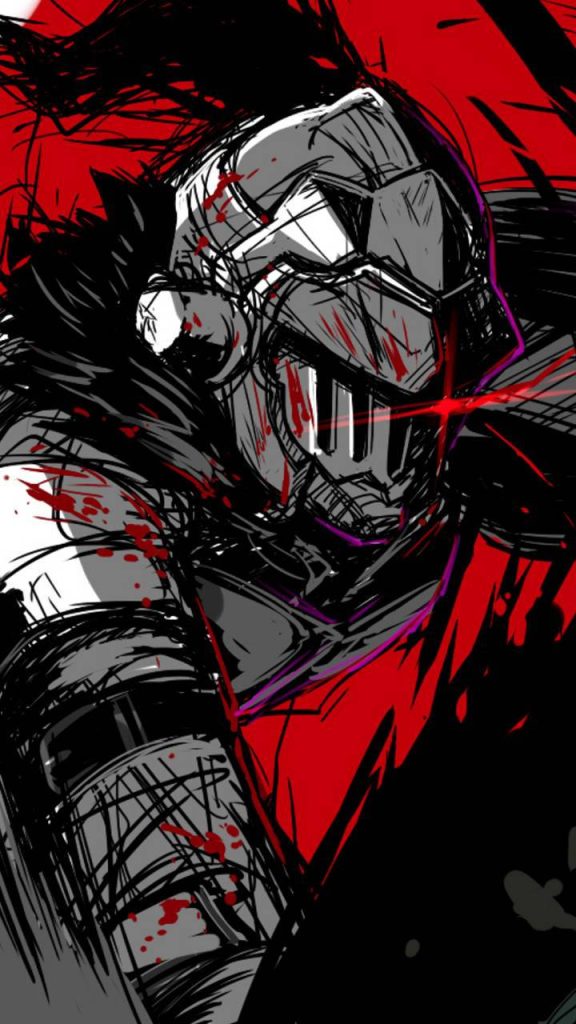 Gritty Goblin Slayer wallpaper sketch with glowing crimson eye slit on blood red background