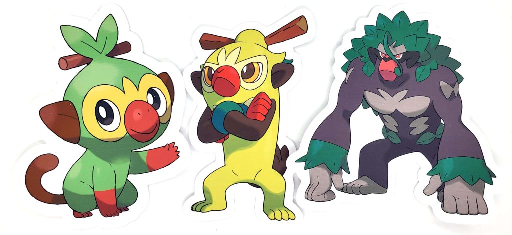 Grookey evolution line digital art wallpaper showcasing Grookey Thwackey and Rillaboom on white