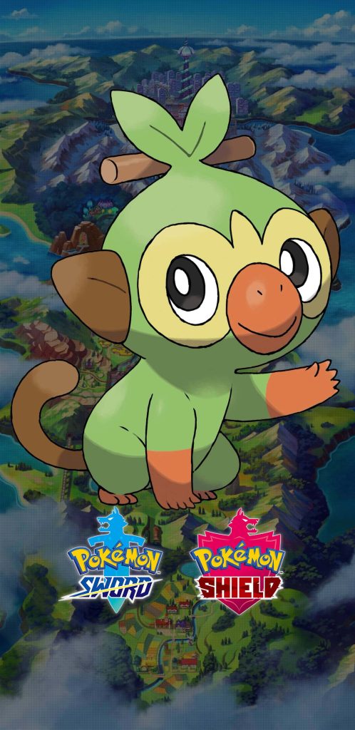 Grookey Pokémon with Galar region map and Pokémon Sword Shield logos vibrant wallpaper background