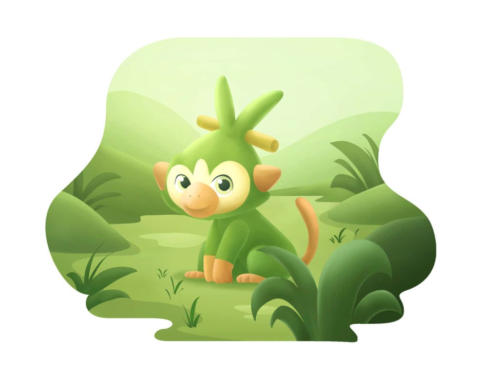 Grookey relaxing in vibrant green meadow digital illustration cheerful Grass-type Pokémon wallpaper