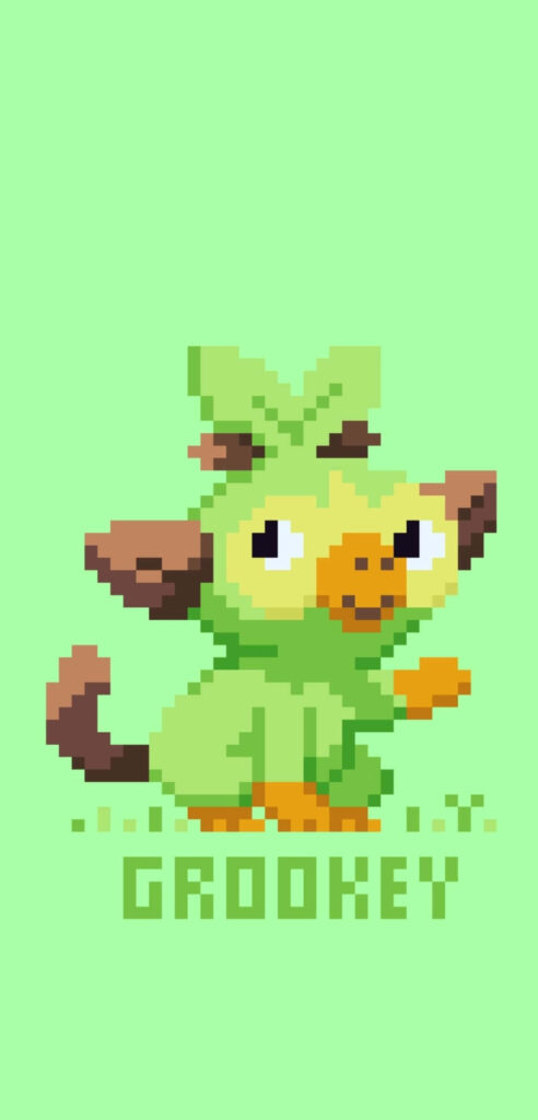 Grookey Pixel Art Wallpaper: Grass-Type Pokémon on Green Background
