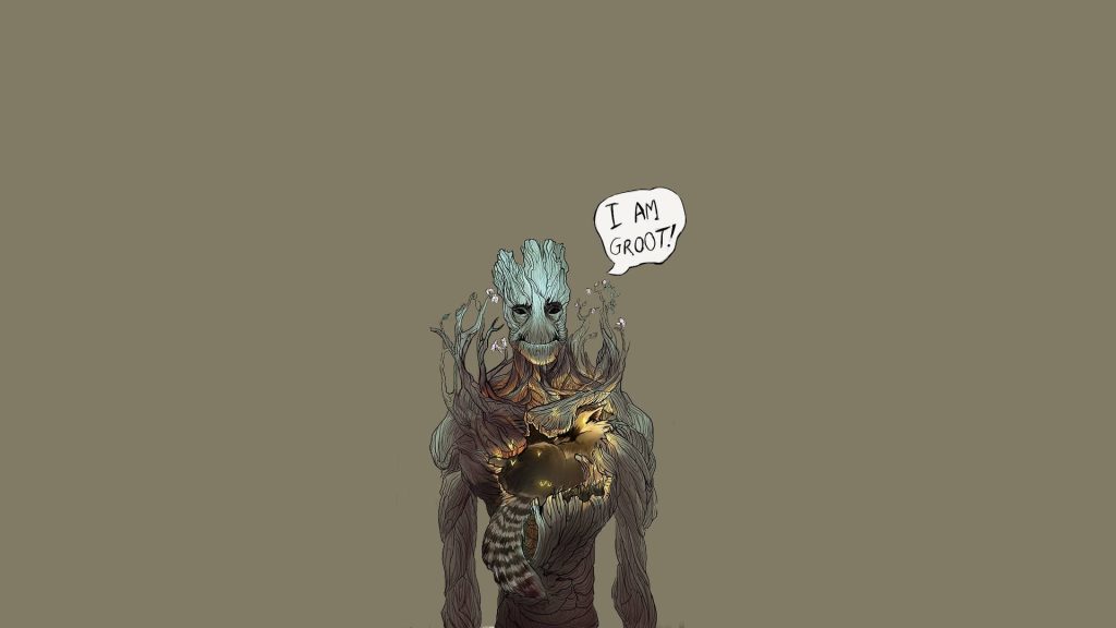 Marvel Groot protecting sleeping Rocket Raccoon in detailed drawing with I Am Groot speech bubble Wallpaper