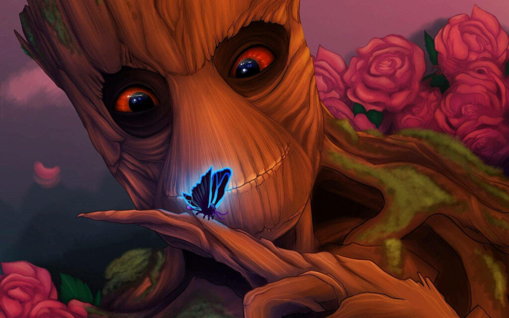 Groot's Serene Stare: A Blissful Meeting with a Blue Butterfly Wall Wallpaper