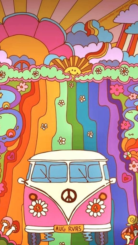 Colorful 70s hippie camper van with peace signs and daisies in psychedelic retro landscape wallpaper