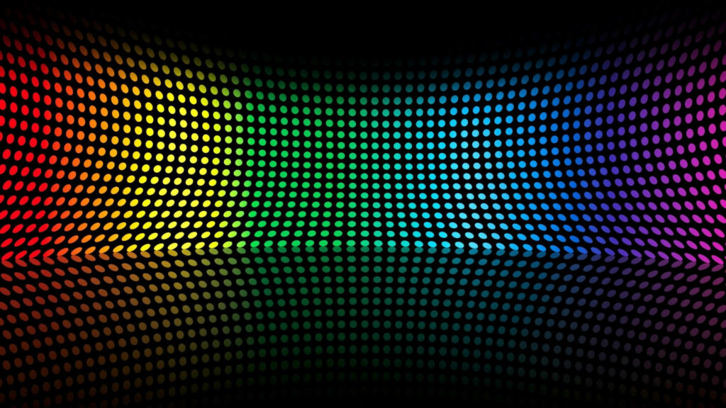 Vibrant rainbow gradient disco dots with wavy retro-futuristic pattern on black background wallpaper