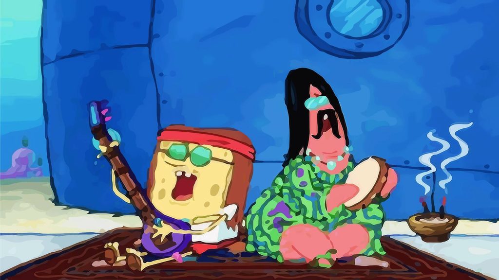 Hippie SpongeBob and Patrick jam on rug retro 60s psychedelic wallpaper background cartoon