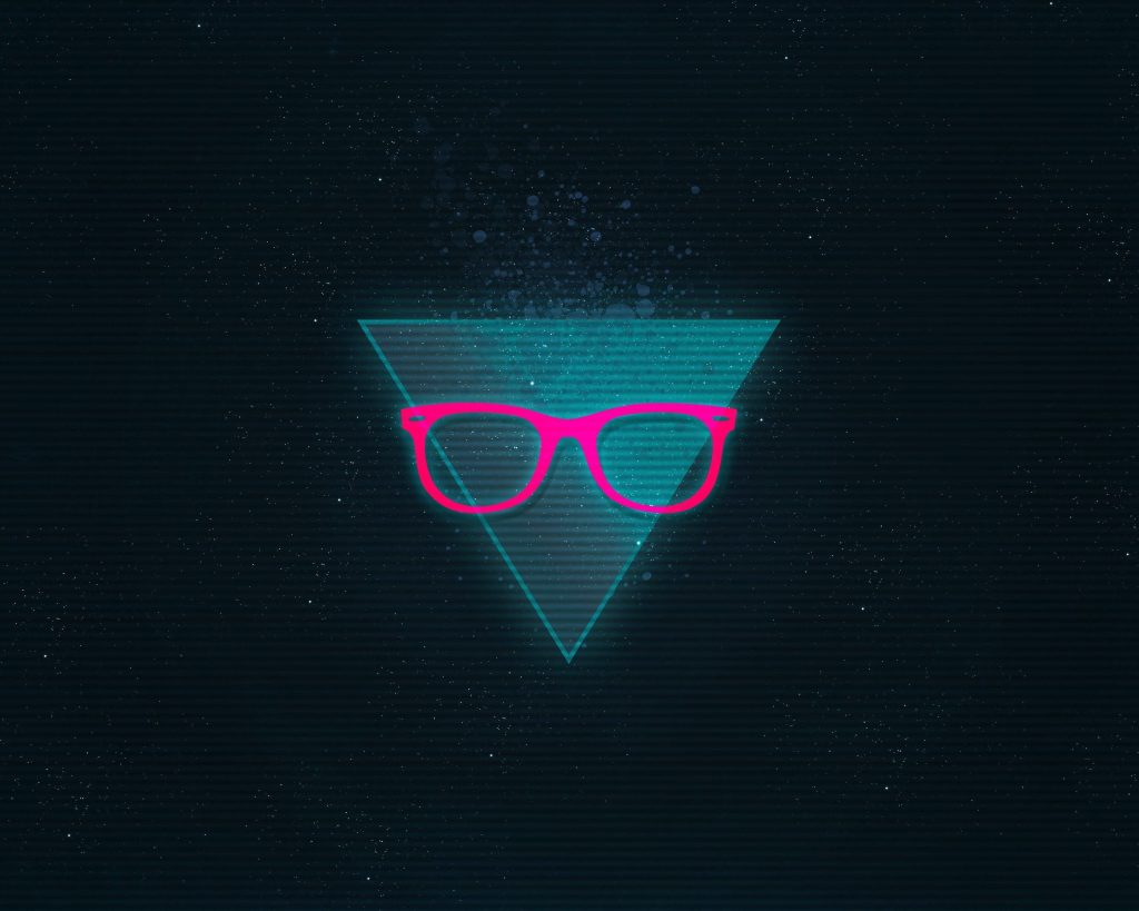 Synthwave wallpaper pink eyeglasses glowing cyan triangle starry scanline retro-futuristic background