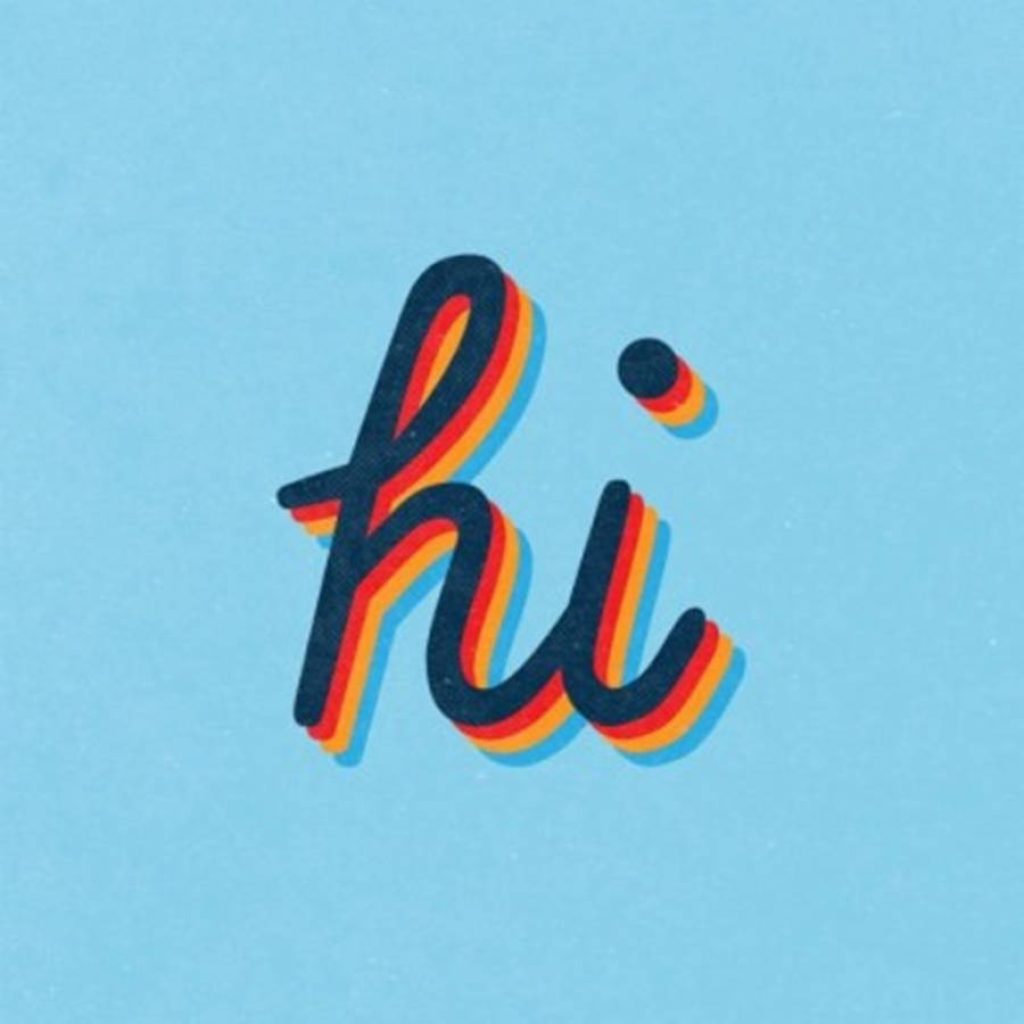 Groovy hi cursive wallpaper retro 70s dark blue script with red orange yellow shadows on light blue background