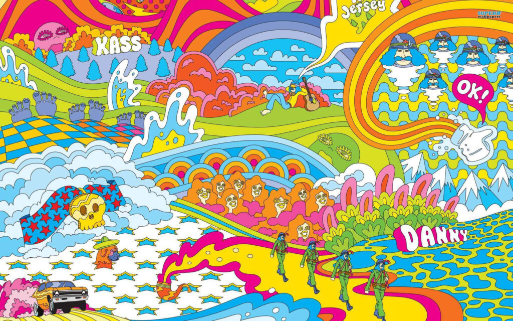 Hippy Dreams Unleashed: A Psychedelic Kaleidoscope of Animated Characters and Retro Patterns Wallpaper