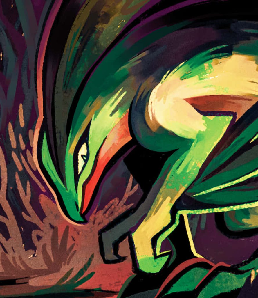 Grovyle digital art wallpaper vibrant greens intense focus Grass-type Pokémon moody background