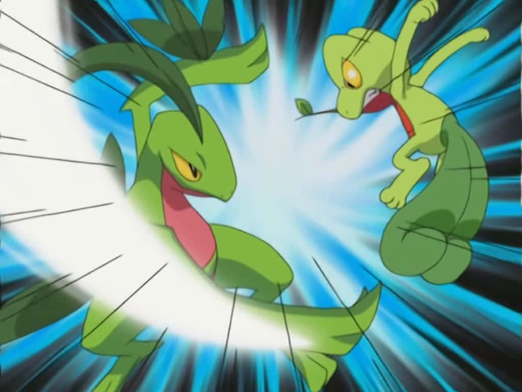 Grovyle attacking Treecko in dynamic anime style with vibrant blue black motion background wallpaper