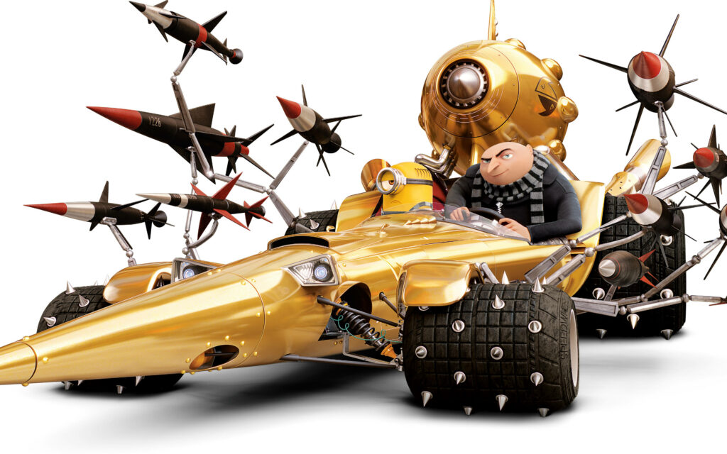Villainous Adventure: Gru and Minion In their Rocket-Boosted Despicamobile Wallpaper