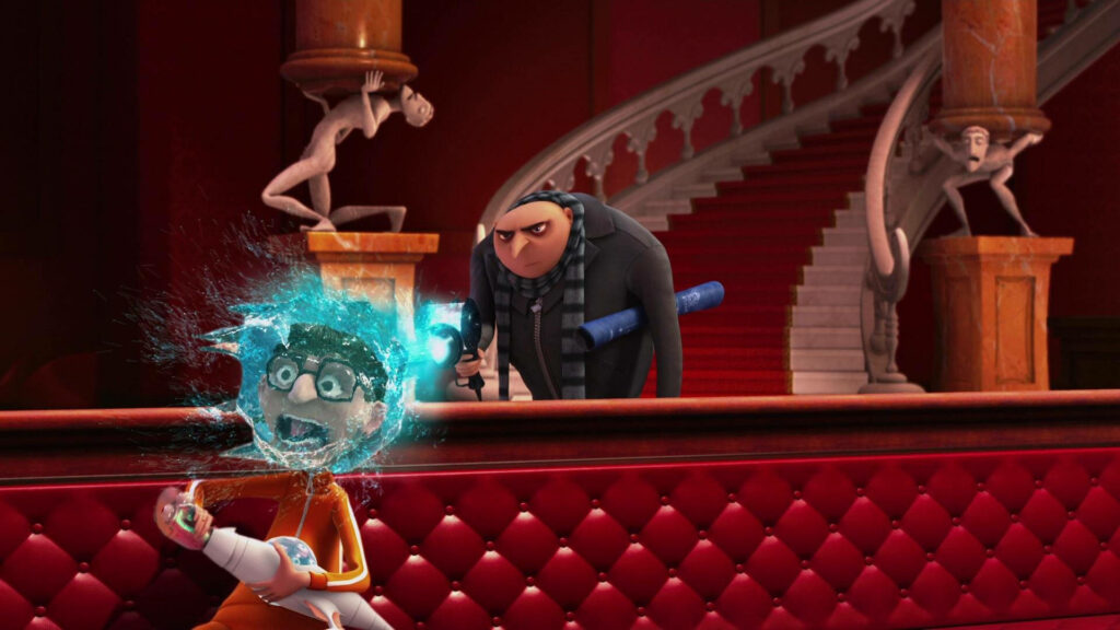 Gru vs. Vector: Humorous Confrontation in Luxurious Red Interior Wallpaper