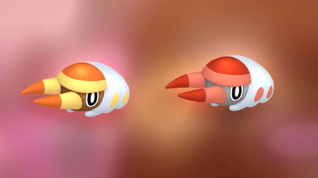 Side-by-side CGI of standard and shiny Grubbin Bug-type Pokémon with warm pink orange background Wallpaper