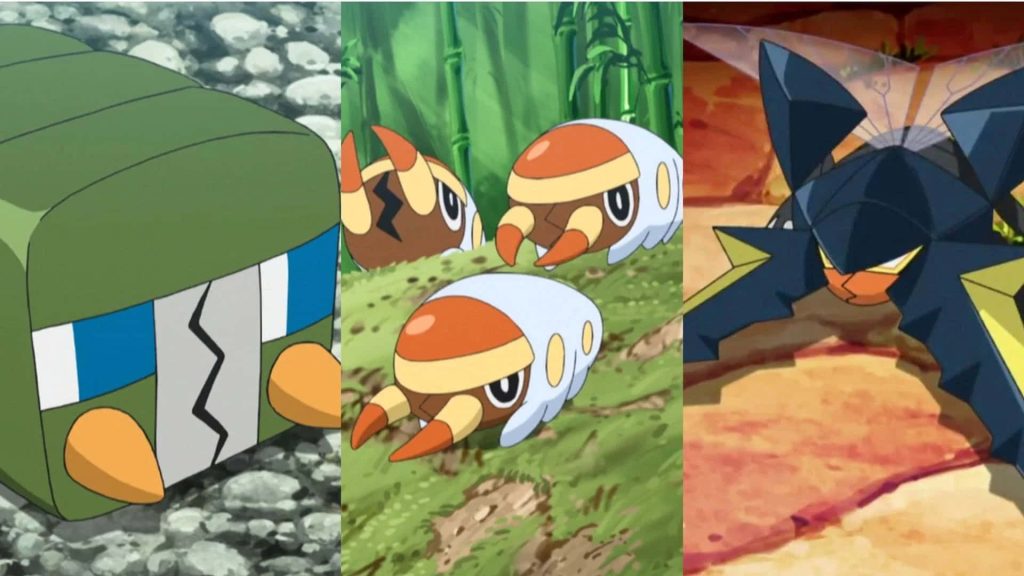 Vibrant 2D anime wallpaper featuring Grubbin Charjabug and Vikavolt Bug type Pokemon evolution