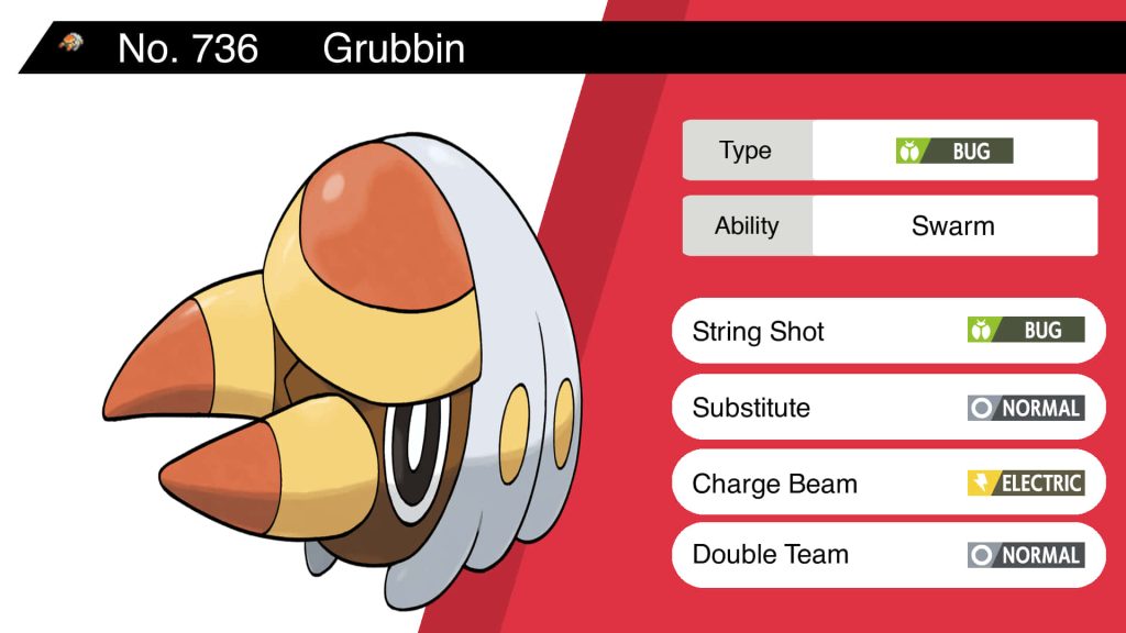 Pokemon Grubbin Bug type larva with Swarm ability and moveset in clean Pokedex wallpaper design