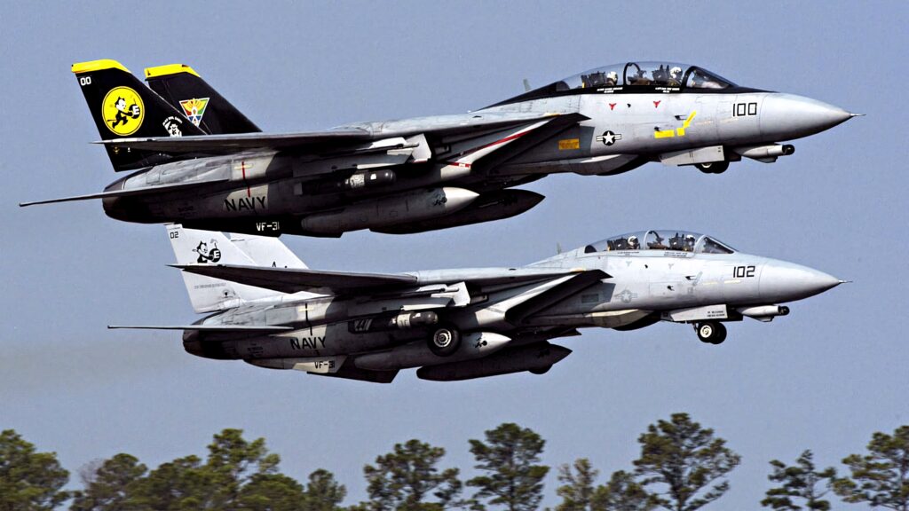 Two Grumman F-14 Tomcat fighters in close formation with variable-sweep wings and squadron markings Wallpaper