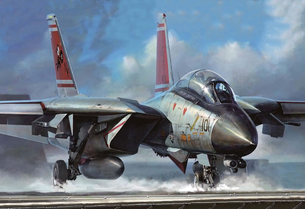 Grumman F-14 Tomcat fighter jet with red tail fins soaring over runway and detailed clouds Wallpaper
