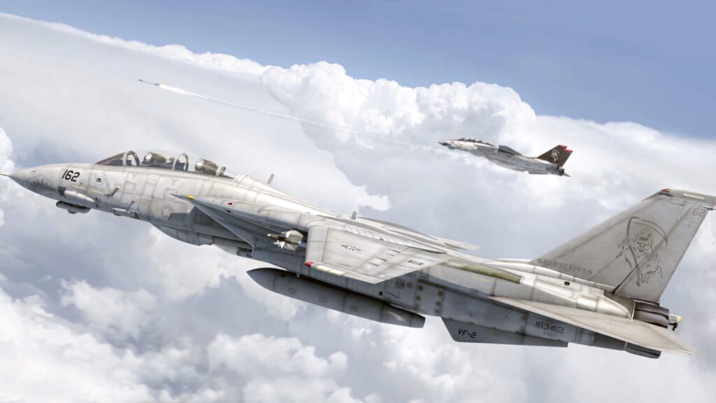 Grumman F-14 Tomcat soaring high with variable-sweep wings against blue sky clouds background Wallpaper