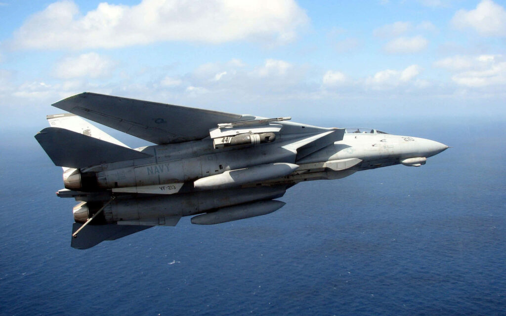 Grumman F-14 Tomcat soaring over ocean with swept wings and twin tail in partly cloudy sky wallpaper