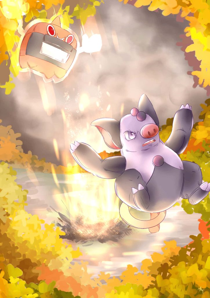 Grumpig leaps from Rotom Heat fiery blast framed by autumn yellow leaves vibrant Pokémon wallpaper