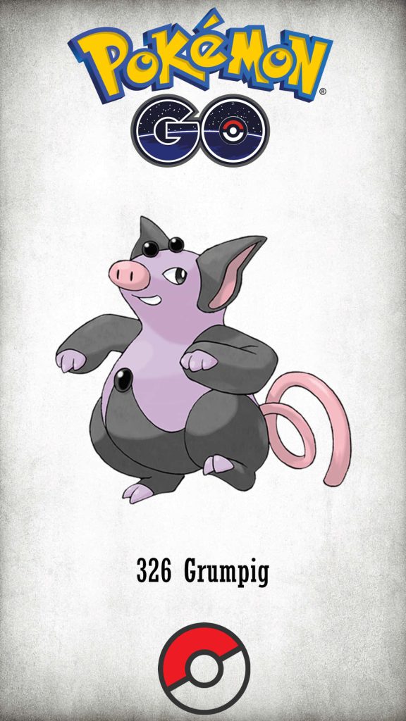Minimalist Pokémon GO wallpaper with Psychic-type Grumpig #326 on textured gray background