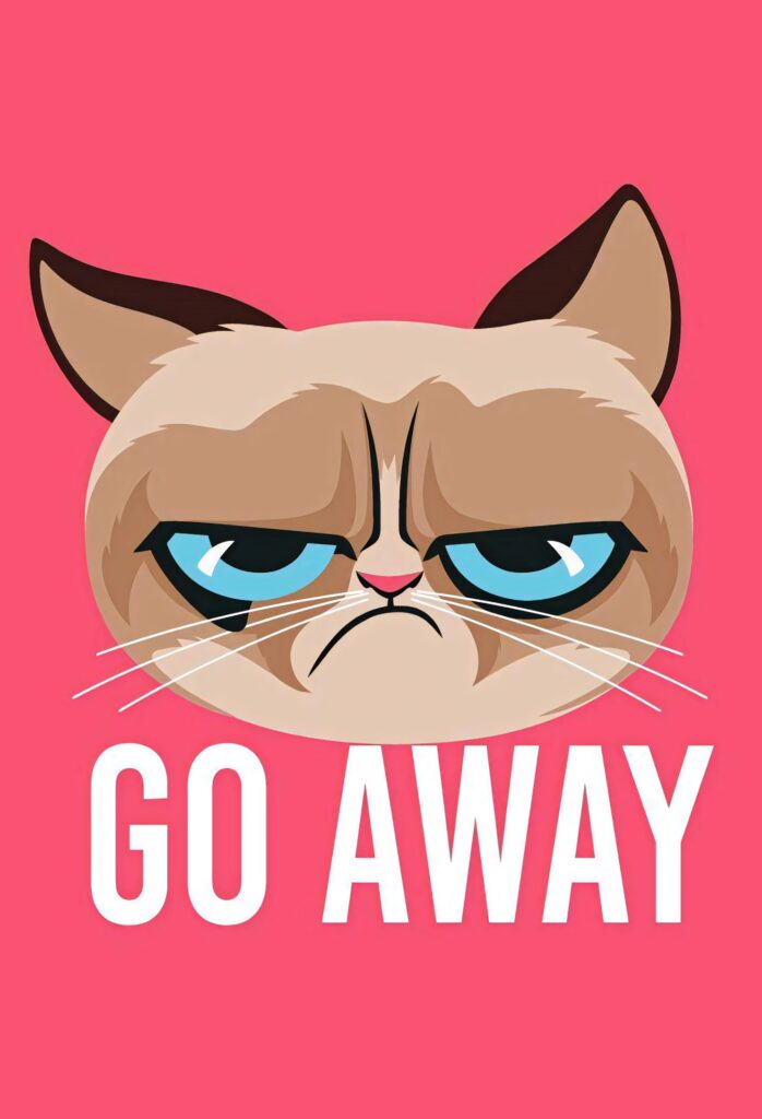 Cartoon Grumpy Cat with piercing blue eyes and GO AWAY text on vibrant pink wallpaper background