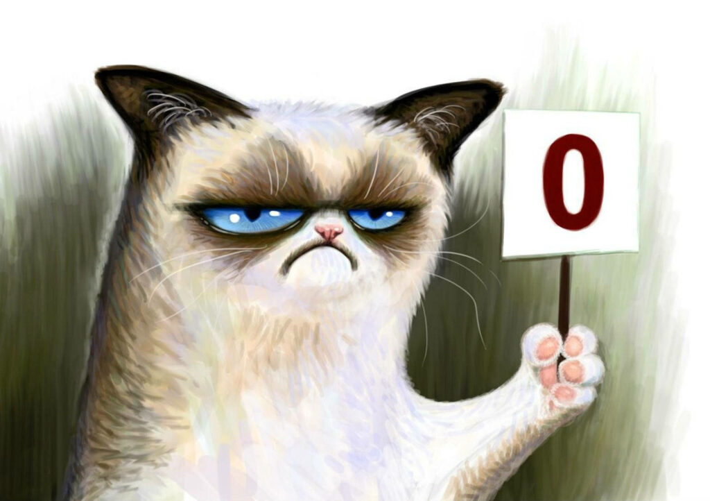 Grumpy cat meme wallpaper with expressive blue eyes holding zero sign cartoon style background