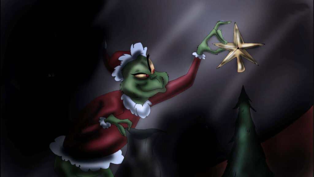 Grumpy Green Creature in Santa Outfit Reaching for Star in Dark Christmas Wallpaper