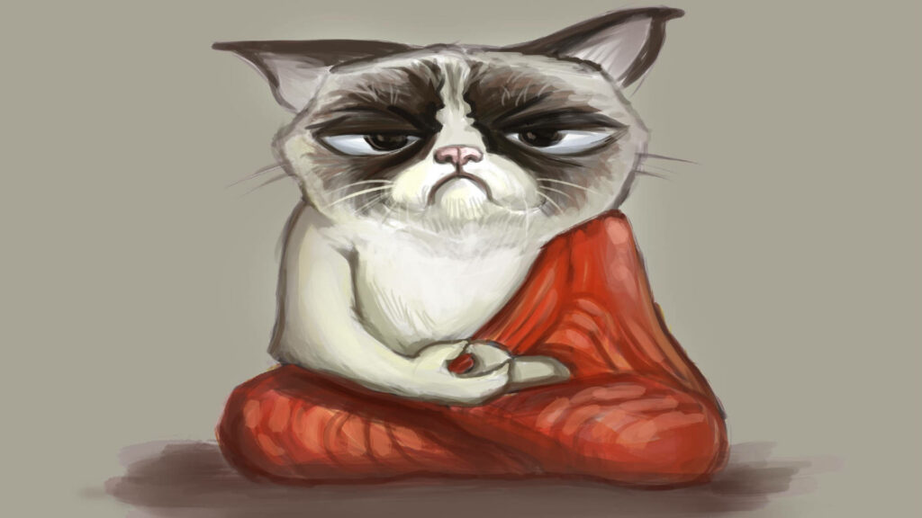 Meditative Grumpy Grey Cat Meme digital painting with red robe on neutral beige background wallpaper