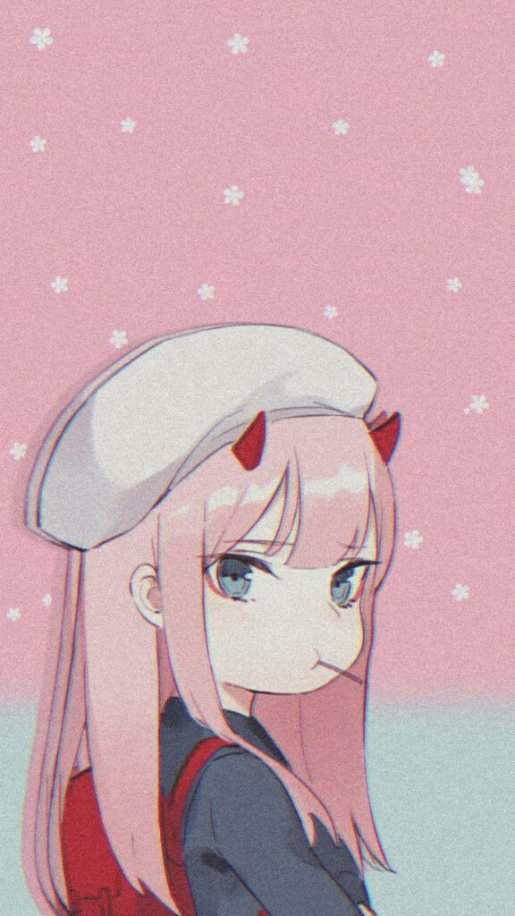 Grumpy Zero Two Wallpaper - Pink Anime Background with Flowers