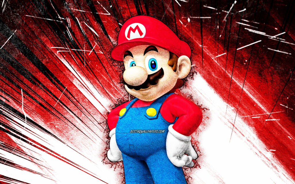 Retro Revival: Super Mario's Grungy Adventure in Abstract Red Rays - 4K Wallpaper of the Iconic Cartoon Plumber and His Colorful Crew