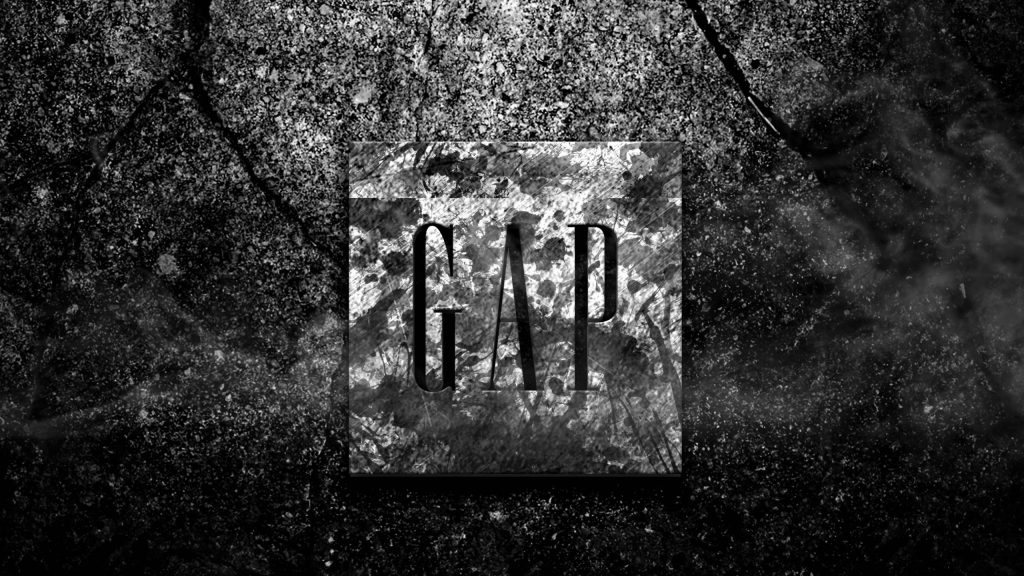 Grunge Gap logo wallpaper with paint splatter on dark concrete textured urban background