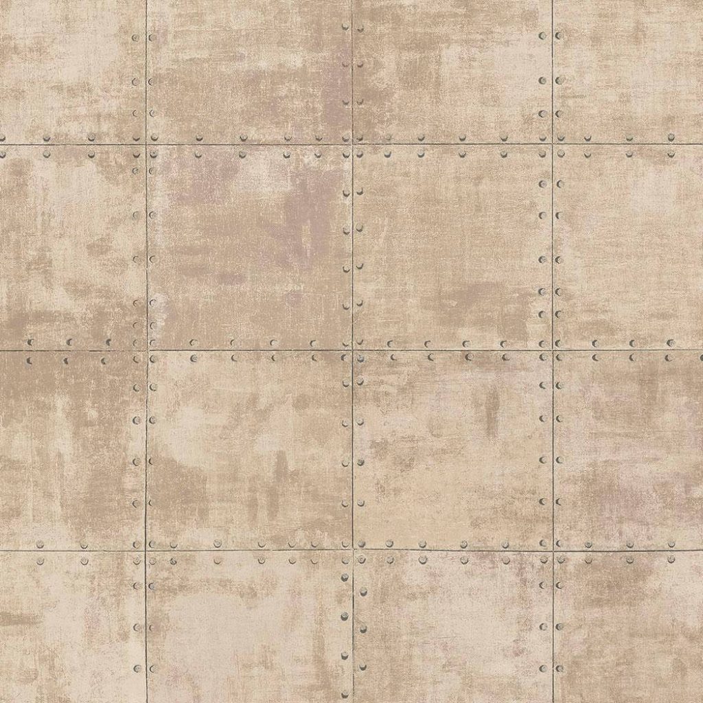 Grunge metal plate wallpaper with tan distressed panels and dark rivets industrial texture background