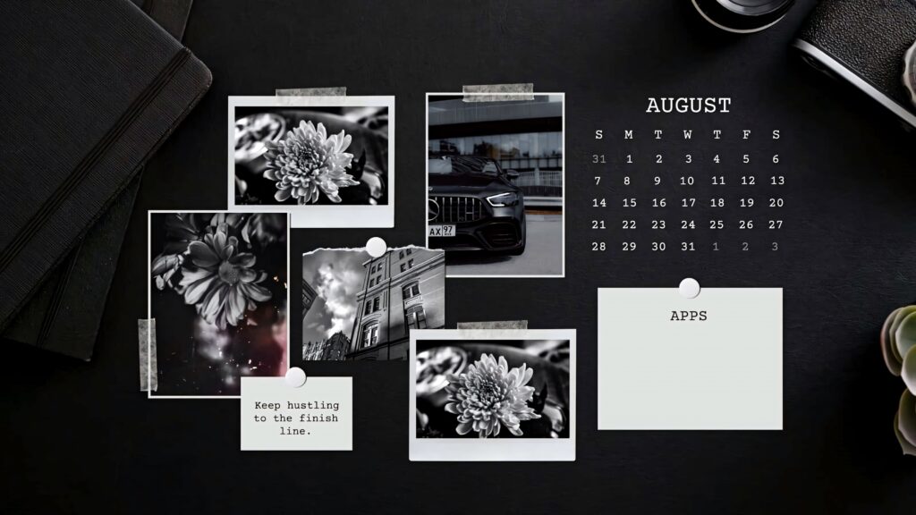 Grunge collage wallpaper with monochrome polaroids August calendar and motivational text background