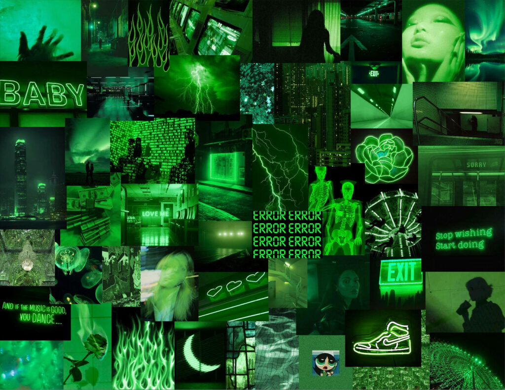 Dark edgy collage wallpaper with radioactive green grunge urban elements and moody silhouettes