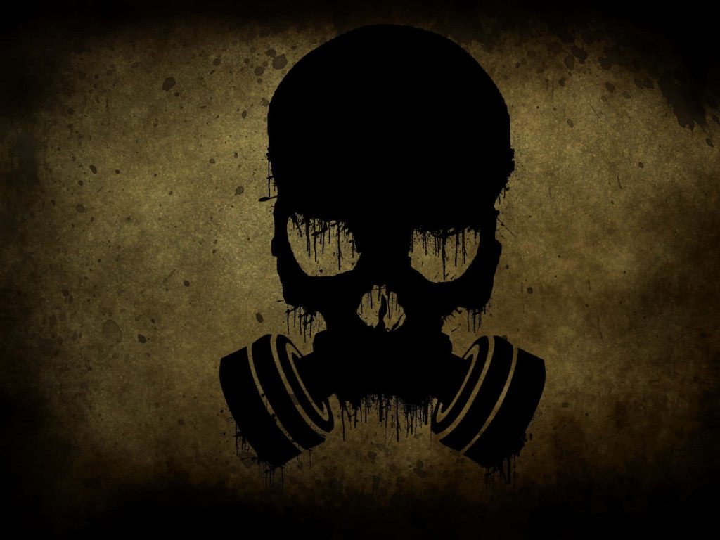 Grunge skull silhouette wearing gas mask with dripping paint on distressed sepia background wallpaper