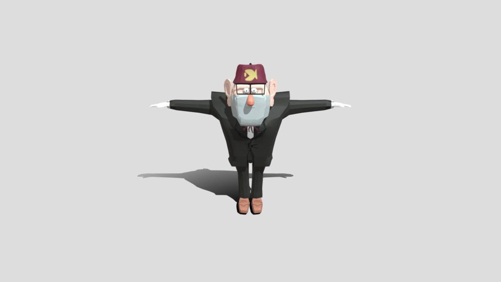 3D CGI Grunkle Stan in T-pose wearing suit fez glasses minimal grey background wallpaper